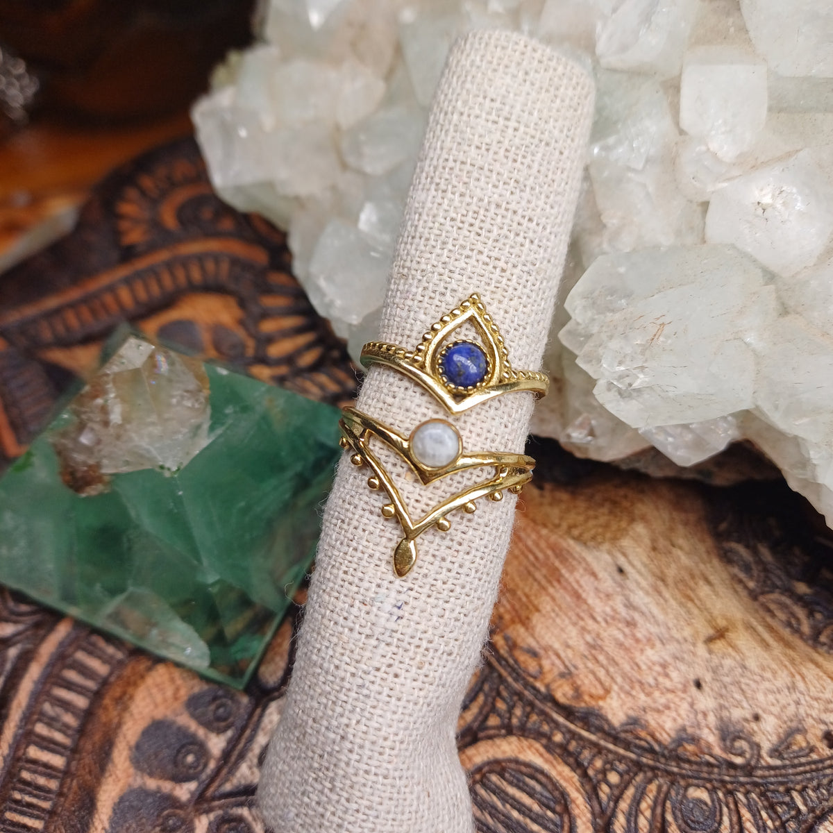 Lapis Lazuli & Moonstone Brass Rings