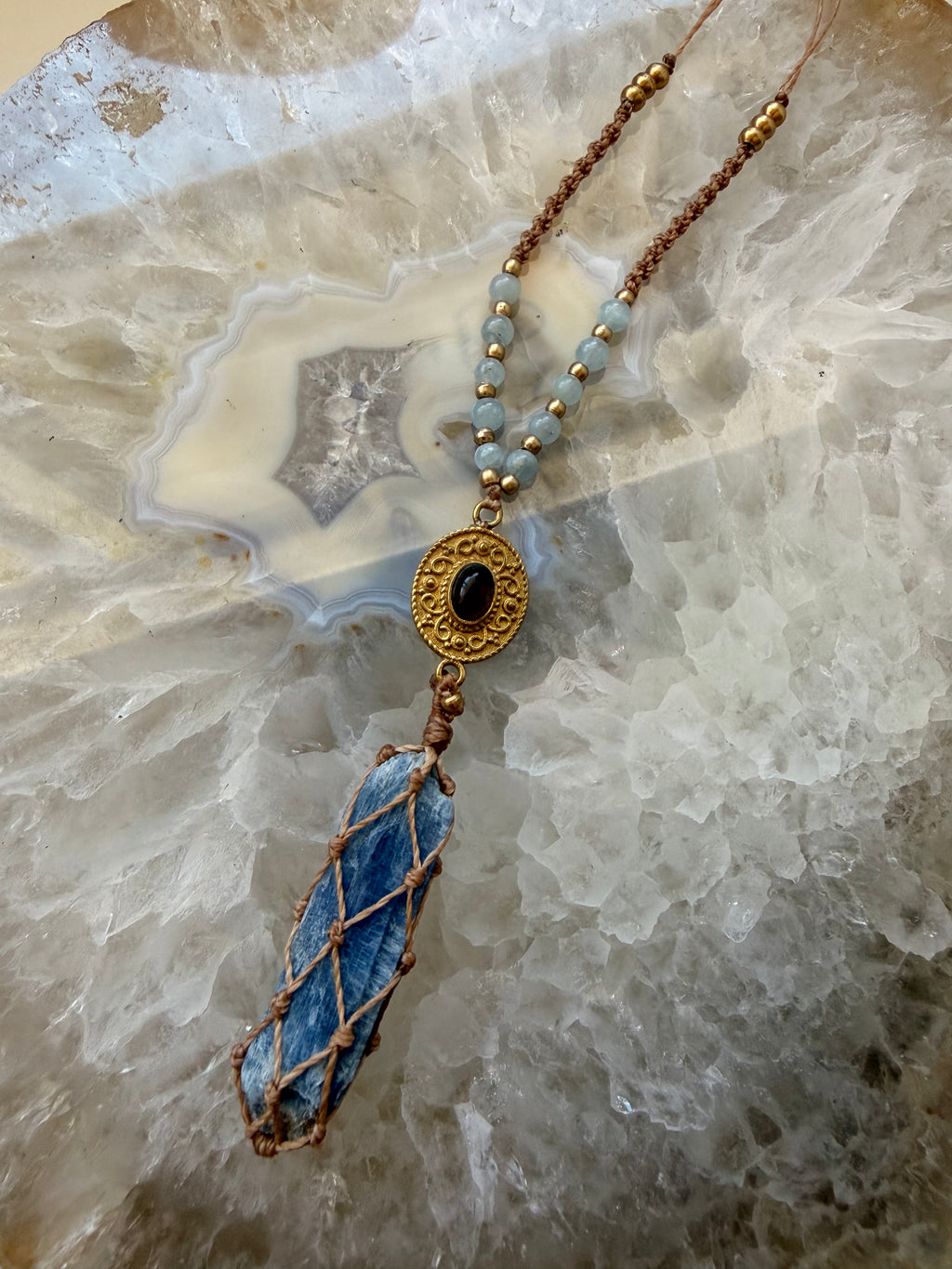 Kyanite, Obsidian & Aquamarine Macramé Necklace