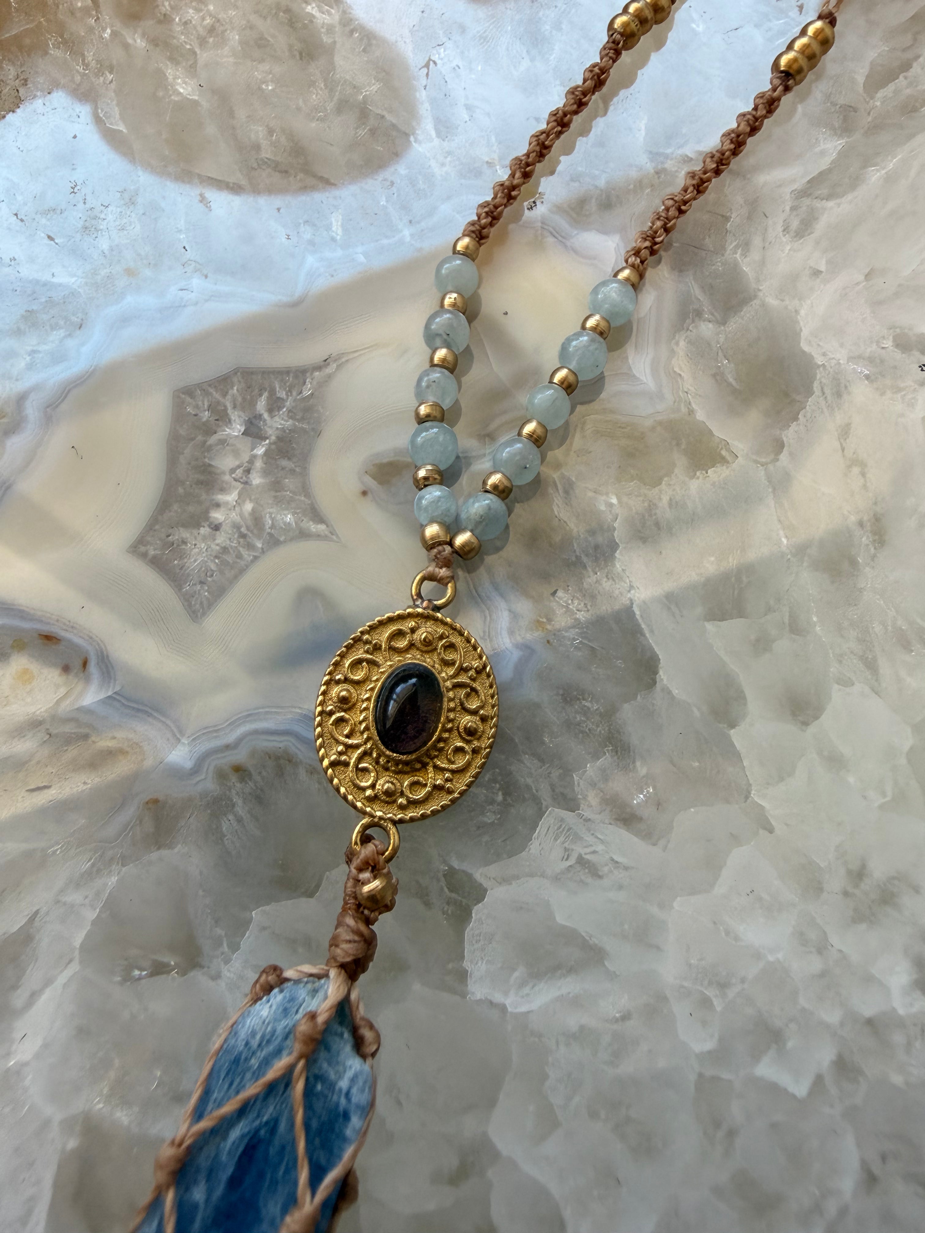 Kyanite, Obsidian & Aquamarine Macramé Necklace