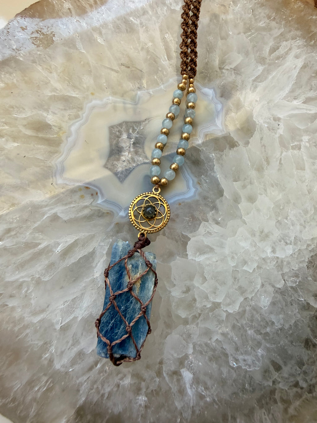 Kyanite, Labradorite & Angelite Macramé Necklace