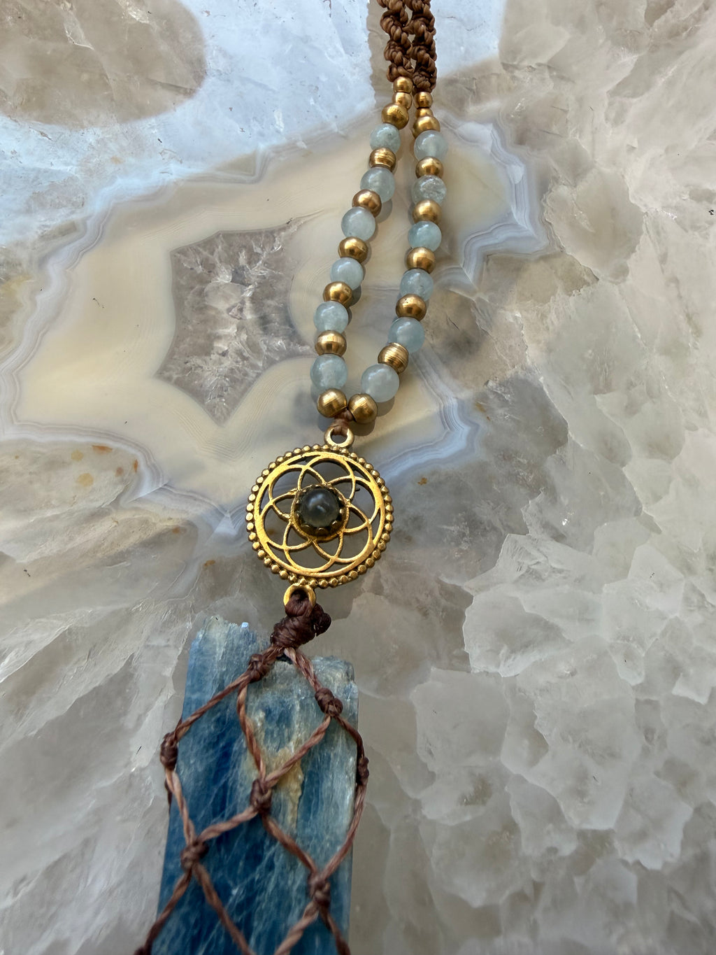 Kyanite, Labradorite & Angelite Macramé Necklace