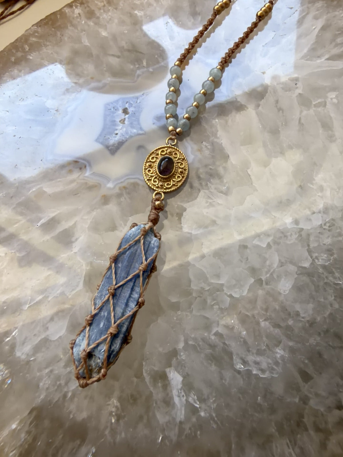 Kyanite, Obsidian & Aquamarine Macramé Necklace